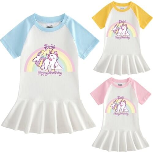 2020 Summer Girls Dressse For Children Rainbow Unicorn Cute Princess Dress Kids Short Sleeve Birthday Dresses Baby Cotton Dress