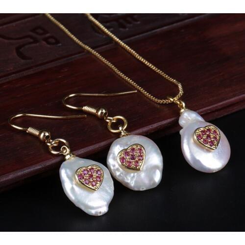 Paved maroon red wine red cz tiny gold heart charm bead freshwater pearl chic drop earring choker necklace jewelry set for women