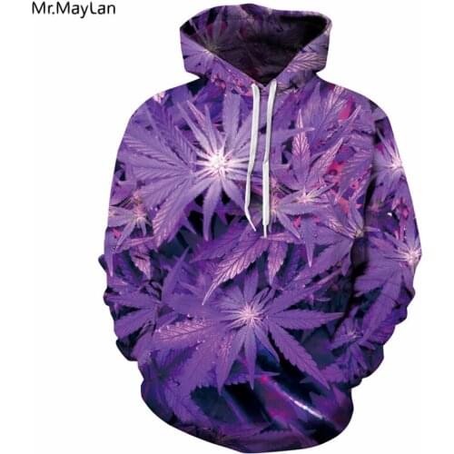 Harajuku Men/Women 3D Print Big Purple Maple Leaves Smoke Weeds Hoodies Sweatshirts with Hat Boy Fashion Jacket Male Coat Tops