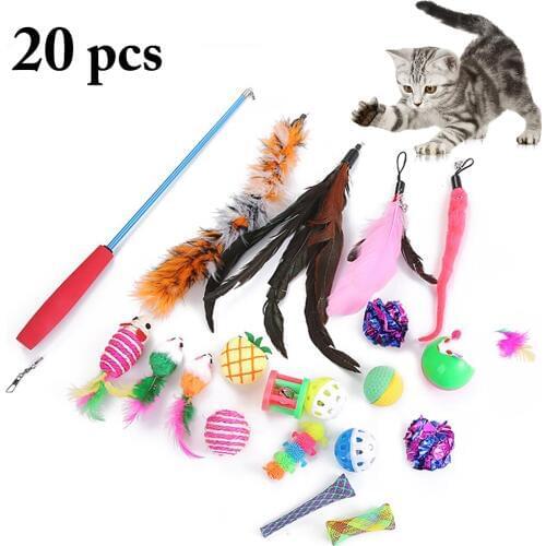20pcs Cat Toys Set Interactive Funny Cat Scratcher Ball Toy Kitten Catnip Bell Toy Cat Teaser Feather Toy for Cat Playing