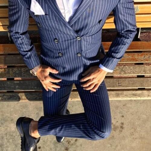 2017 Latest Coat Pant Designs Navy Blue Stripes Men Suit Slim Fit 2 Piece Tuxedo Prom Suits Custom Groom Blazer Terno Masculino