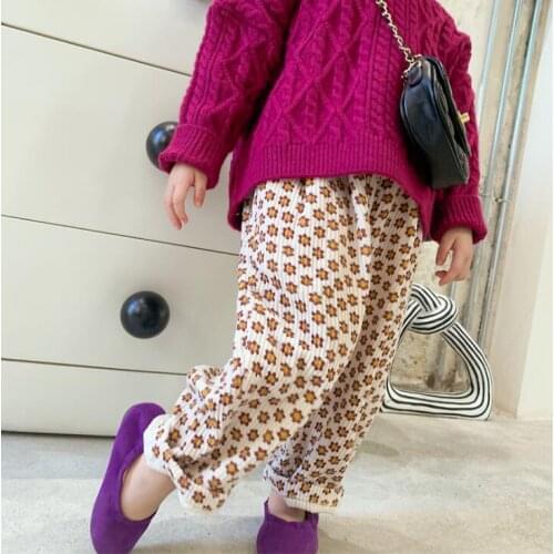 2021 New Girls Boys Corduroy Floral Long Pants Autumn Cotton Fashion Kids Pants 1-7t MY795
