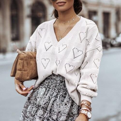 2021 New Spring Autumn Long Sleeve Knitting Sweater Loose V Neck Pullovers Clothes Female Solid Hollow-out Sweater Knitted Tops