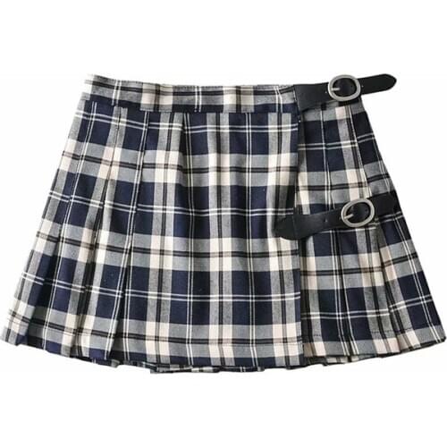 Women New College Style Belt Buckle Decoration Plaid Pleated Skirt Female Girly Sweet Skirt