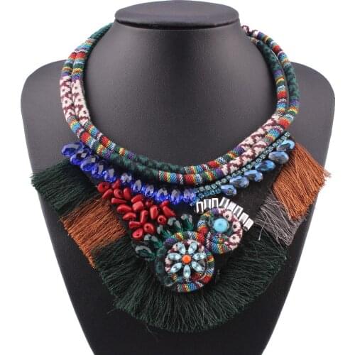 New Arrival Design Fashion Brand Rope Chain Colorful Crystal Necklace Flower Vintage Ethnic Statement Pendant Necklace