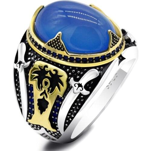 New Middle East Popular Two-tone Agate Mens Ring 925 Silver Two Knife Blue Gemstone Ring