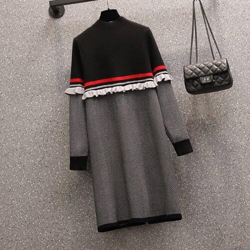 Autumn Winter Dress Women Vintage Ruffles Patchwork Casual Loose Dresses Ladies knitting Dress A4484