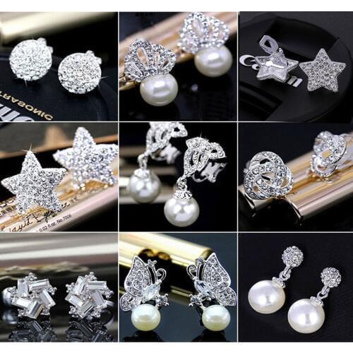 Fashion Charm Clip on Earring Jewelry Simulated Pearl Cute No Hole Earrings for Women Shiny Crystal Wedding Jewelry Elegant
