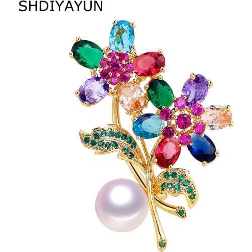 SHDIYAYUN 2019 Pearl Brooch For Women Guality Zircon Flower Brooches Pins Natural Freshwater Pearl Fine Jewelry Accessories