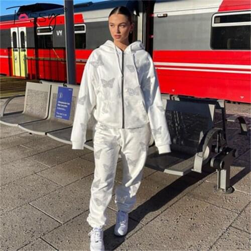 Tossy Butterfly Print Rhinestone 2 Piece Tracksuits Oversized Zippper Hoodies Sweatpants Y2K Fashion 90s Streetwear Co-ord Set