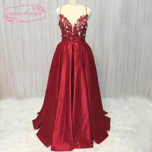 SuperKimJo real red prom dress with sweetheart neckline lace appliques beading crystal ball gown long satin evening dress