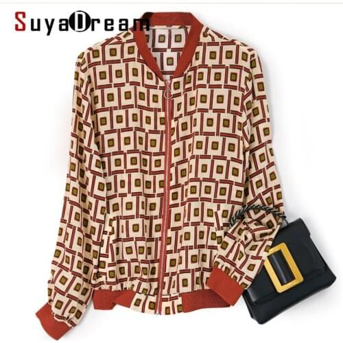 SuyaDream Women Printed Jacket 100%Real Silk Crepe Zipper Up Plaid Jackets 2021 Fall Winter Outwear