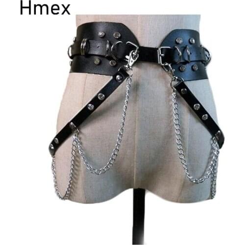 Gothic Punk Street Strap Leather Harness Belt for Women Harajuku O-Ring Cage Chain belt Rhinestone Waist Belts luxury women belt