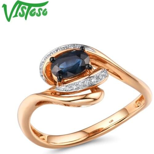 VISTOSO Pure 14K 585 Rose Gold Ring For Women Ring shining Diamond Blue Sapphire Luxury Wedding Engagement Elegant Fine Jewelry