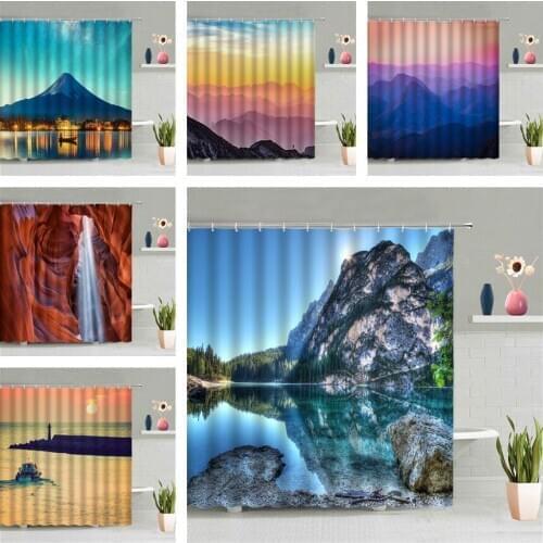 High Mountain Rivers Shower Curtain Forest Sky Sunset Ocean Scenery Bathroom Decor Wall Hanging Curtains Hill Water Bath Screen