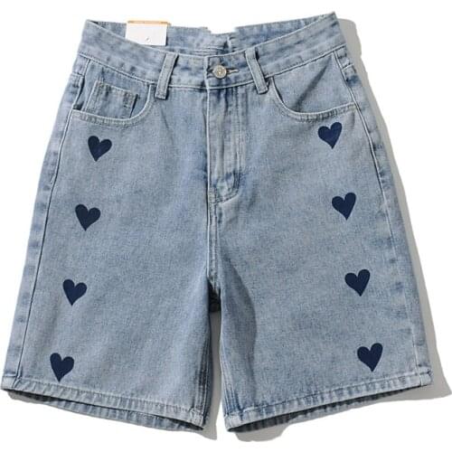 Summer new street fashion love print high waist denim shorts women, solid color thin denim shorts women 2 colors