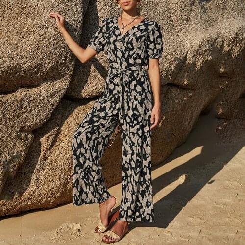 Sexy V-neck Short Sleeve Jumpsuit Women Summer Print Drawstring Straight-leg Rompers Loose Casual Holiday Jumpsuit