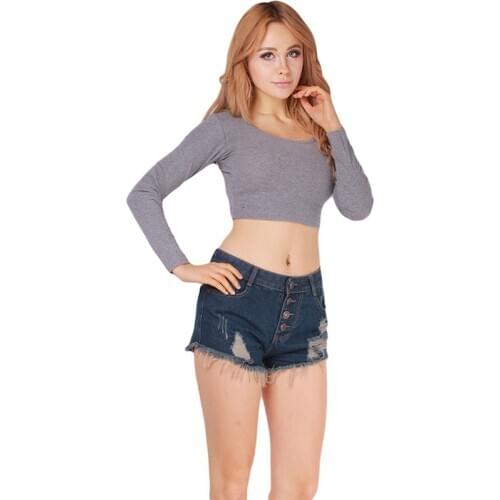 Hot Sale Casual Shirts Women Long Sleeve Crop Tops Spring Autumn Scoop Neck Shirt Tights Slim Short Solid Color Shirt