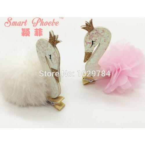 10pcs Fashion Cute Glitter Tiaras Swan Pearl Gauze Ball Hairpins Solid Kawaii Fur Pom Pom Hair Clips Princess Hair Accessories