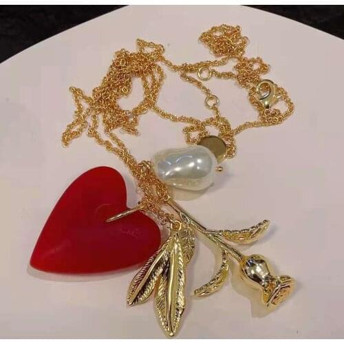 2021 red big heart metal gold chain rose irregular pearl necklace pendant exaggerated jewelry for women