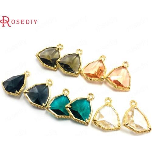 37100)10PCS 13MM 24K Champagne Gold Color Brass and Glass Faceted Triangle Shape Charms Pendants Jewelry Making Supplies
