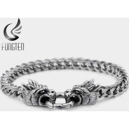 Fongten Dragon Bracelet Men Stainless Steel Long Link Chain Vintage Bracelets Male Fashion Jewelry