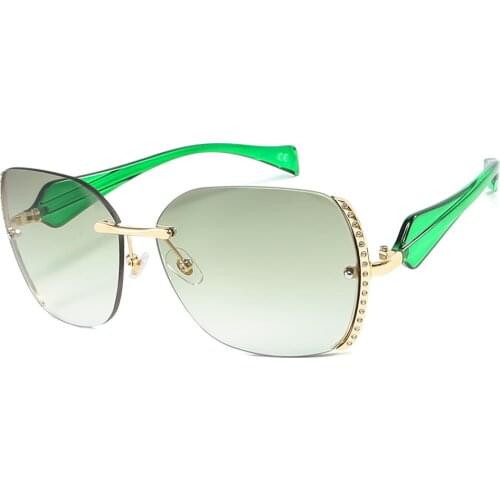 DENISA Luxury Brand Glasses Rimless Green Sunglasses Women Rhinestone Decoration Sunglasses Shades High Quality Eyewear S5096