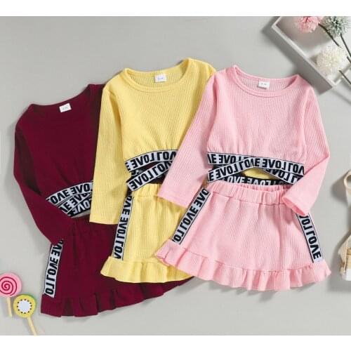FOCUSNORM 2-7Y Lovely Kids Girls Autumn Clothes Sets 3 Colors Long Sleeve Pullover Letter Bandage T Shirts+A-Line Skirts