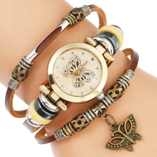 Gnova Platinum Top Genuine Leather Women Watch Golden Butterfly Dial Fashion Strap Bracelet Wristwatch Quartz Clock