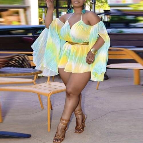 Gradient Color Printing Women Plus Size Beach Jumpsuits 2021 Summer Sexy Halter Cloak Sleeve High Waist Backless Rompers