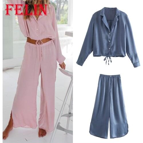 FELIN Women 2021 New Loose Suits Za Long Sleeve V-Neck Blouse Casual Pants Women Fashion Comfortable Sets Solid 2 Pieces Set