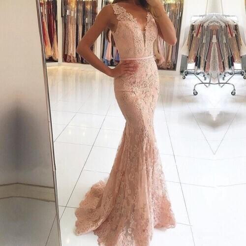 Lace Mermaid Evening Dress Pink Gowns Illusion Back Long Prom Dresses V-Neck Party Gowns Sleeveless