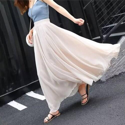 Fashion Dusty Pink Chiffon Women Summer Skirt Saias Faldas Elastic Waist Long Casual Skirts Plus size for Holiday Sea Beach Saia