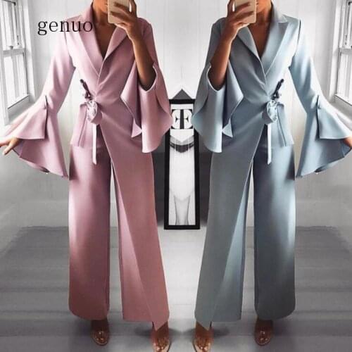 Fashion Fake Two-piece Sleeve Asymmetric Flare Sleeve Jumpsuit Autumn Office Clothing Wear Bandage Jumpsuit
