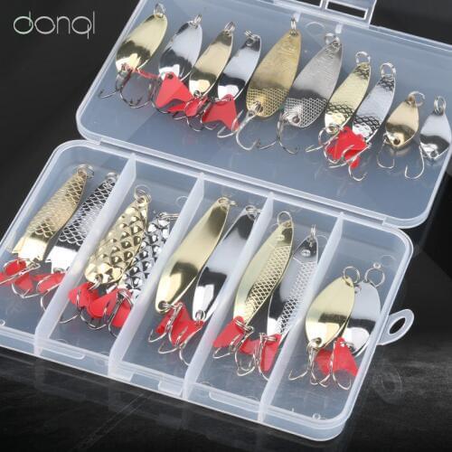 DONQL Mixed Colors Fishing Lures Spoon Bait Metal Lure Kit Sequins Noise Paillette with Feather Treble Hook Tackle Fishing Geer