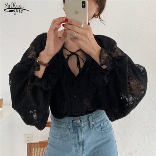 New Spring Lantern Sleeve Lace Blouse Women Button Black Women Shirts Hollow Out Floral Female Clothing V Neck Ladies Tops 10202