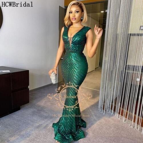 New Green 2021 Evening Dress Mermaid V Neck Sparkly Sequin Black Girls Wedding Party Dresses Plus Size Long Evening Gowns Cheap