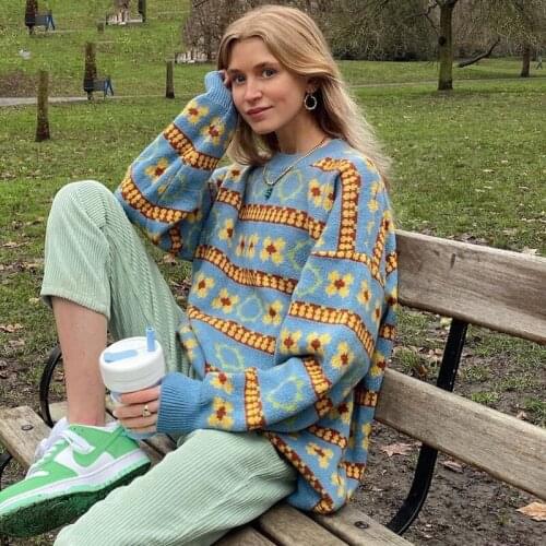 Autumn Winter Girls Long Sleeve Knitwear Pullover Ladies Double Color Plaid Round Collar Loose Knitted Tops Casual Sweater