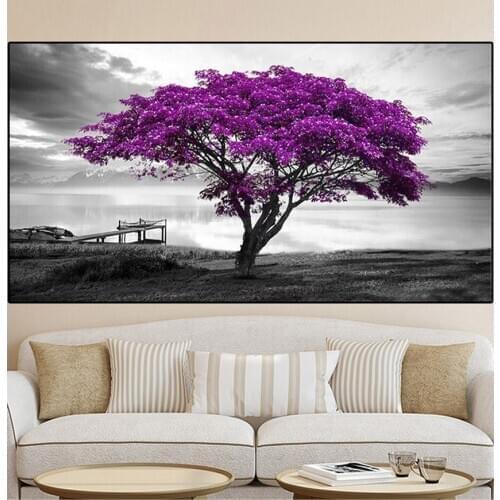 Landscape diamond painting with square rhinestones Embroidery Mosaic Full Square Round Picture Purple Tree 3d Cross Stitch N1270