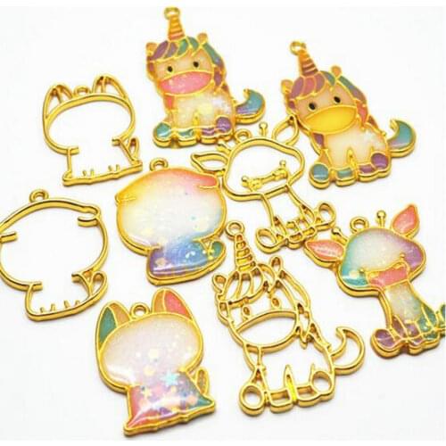 5pcs Unicorn Giraffe Key Chain Open Bezel Charms UV Resin Jewelry Accessories Craft DIY Cat Dog Metal Frame Pendant