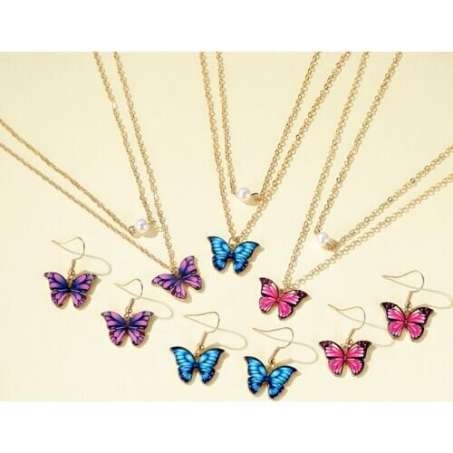 Pink Blue Purple Double-layer Butterfly Golden Simulated Pearl Necklace Drop Earrings Dangle Earrings Jewelry Sets for Women
