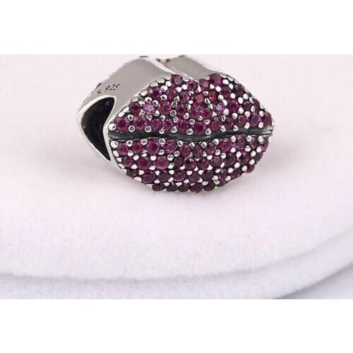 S925 Silver Charms Bead fit Lady Bracelets & Bangles Kiss Charm Red Crystal Lip Pave Valentine DIY Jewelry