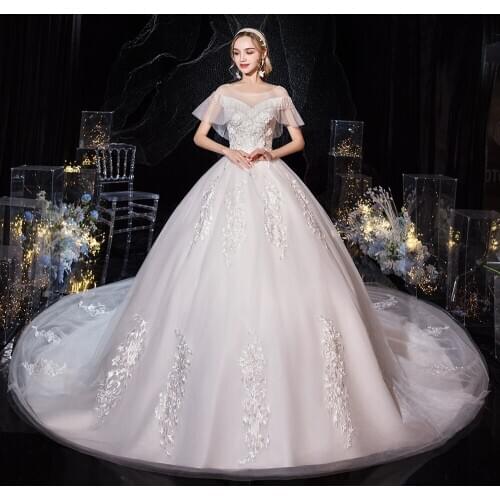 Wedding Dress Vestido De Noiva Noble Cap Sleeve Lace Up Ball Gown Vintage Lace Embroidery With Sweep Train Princess Bride Dress