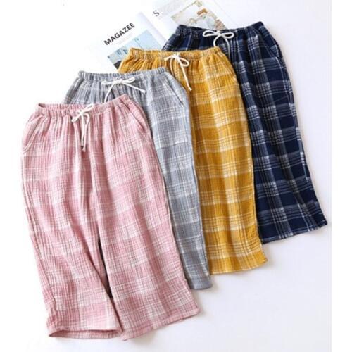Loose sleepwear pant summer cropped trousers fashion plaid lounge wear pajama pants large size cotton gauze ladies home pant