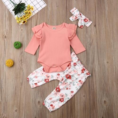 Emmababy Autumn Newborn Baby Girl Clothes Fly Sleeve Knitting Romper Flower Print Long Pants Headbadn 3Pcs Outfits Clothes