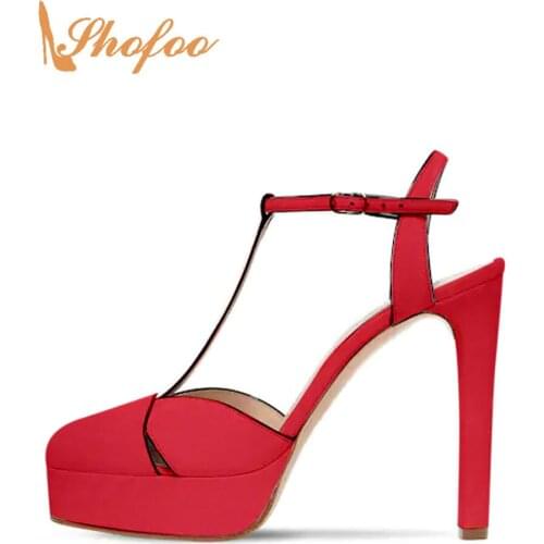 Red Platform T-starp Buckle Women Sandals High Heels Round Toe Ladies Summer Fashion Mature Party Shoes Large Size 14 16 Shofoo