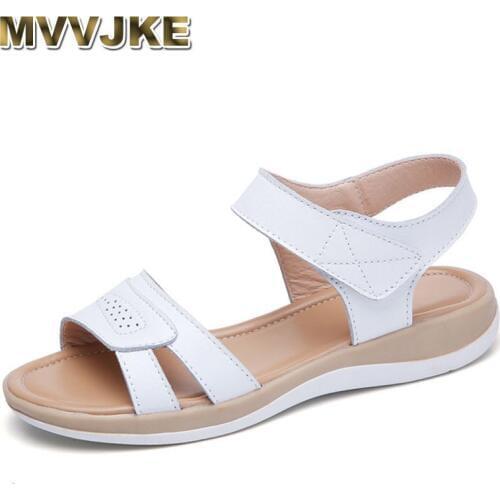 MVVJKE 2020 Summer Women Sandals Casual Shoes Woman Concise Flat Sandals Ladies Shoes Soft Bottom Beach Genuine Leather Sandals