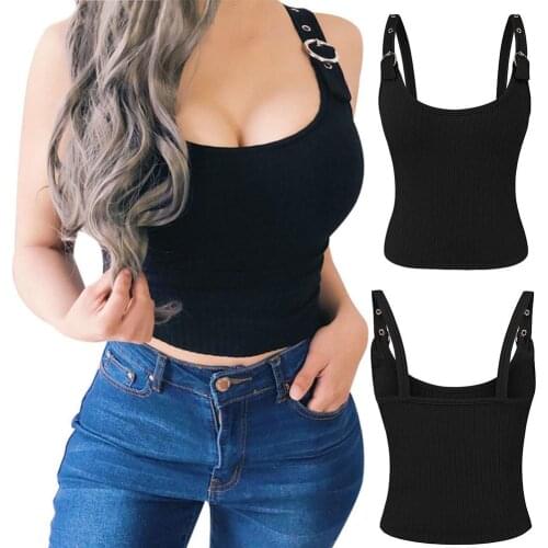 Women Vest Summer Sexy Camisole Low-cut Neck Buckle Adjustable Straps Slim Ribbed Vest Top Female Clothing