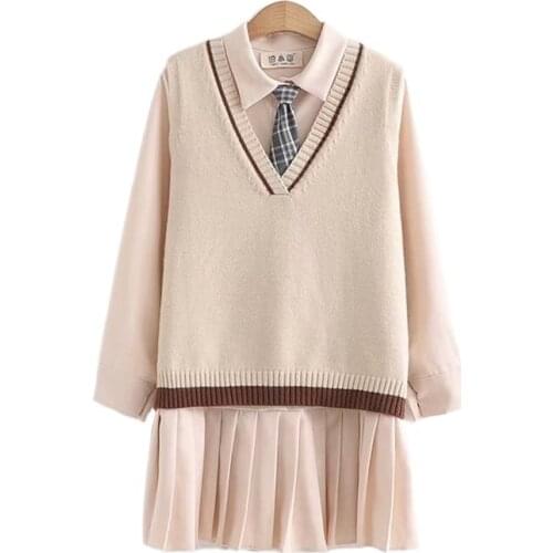 Biscuit Bear Sweet Preppy Style Women Vintage Dress Spring Cute JK School Uniform Clothes Kawaii 2 Piece Set Shirt Dress 2021