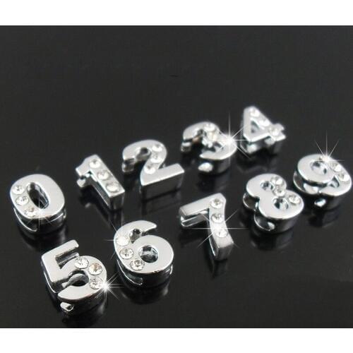 100PCS 8mm Silver Rhinestone 0-9 Slide Numbers Slide Charms Slide Beads DIY 8mm Bracelets Wristbands,Belt Band Pet Name Collar